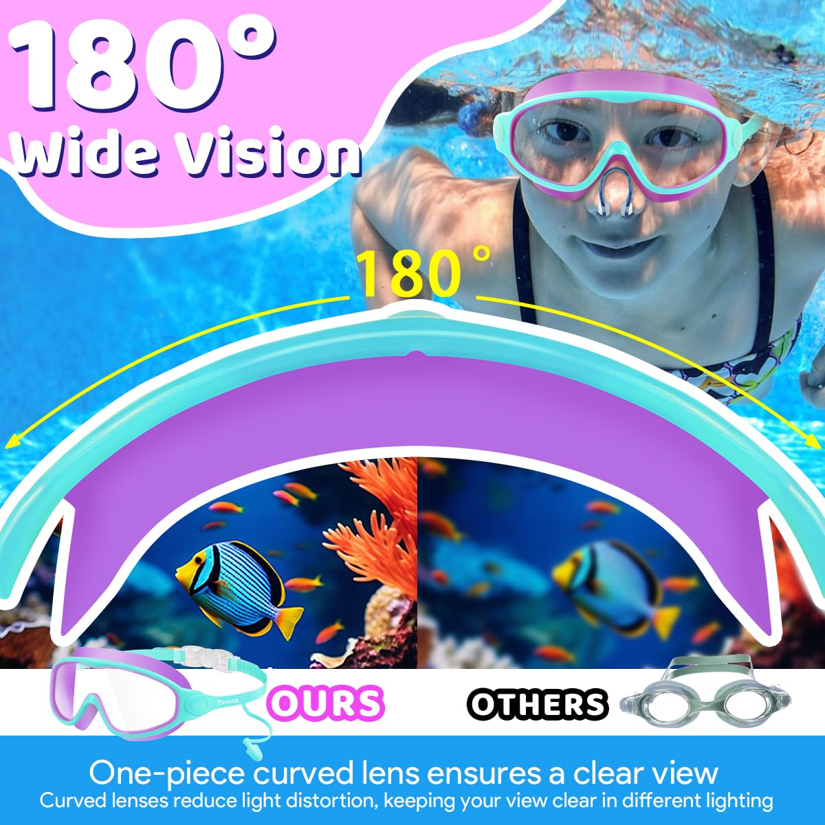 Vvinca Swim Goggles, Kids Goggles with Earplugs& Nose Clip Wide View Anti-Fog/UV Swimming Goggles for Age 3-15 Boys Girls