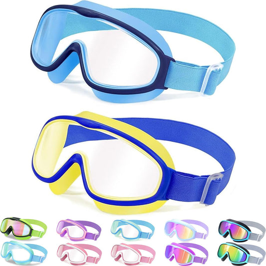 Vvinca Kids Swim Goggles 2 Pack, No Hair Pulling Comfort Fabric Strap Swimming Goggles for Kids Age 3-14, Anti-Fog/UV No Leaking Wide View Swim Mask for Toddler Boys Girls, Summer Pool Essentials