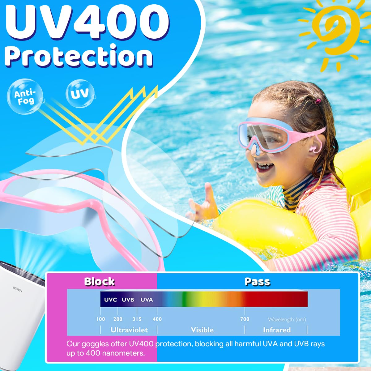 Vvinca Swim Goggles, Kids Goggles with Earplugs& Nose Clip Wide View Anti-Fog/UV Swimming Goggles for Age 3-15 Boys Girls