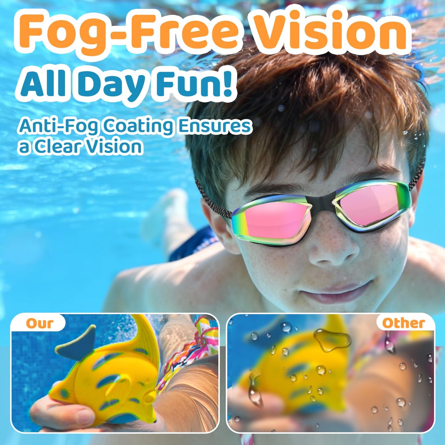 Vvinca Goggles for Kids 6-14 with Bungee Strap 2pc, Toddler Kids Swim Goggles for Swimming 8-12 No Hair Pulling for Boys Girl