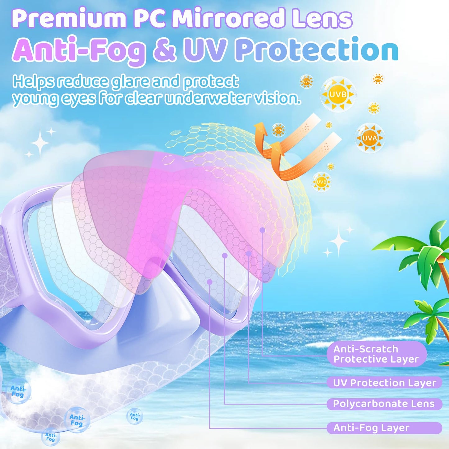 Vvinca Kids Swim Goggles with Nose Cover & Tangle-Free Fabric Strap - Anti-Fog/UV Waterproof Swimming Mask for Boys Girls 3-15, Wide View Snorkel Gear with Soft Silicone Seal, Mermaid Scales
