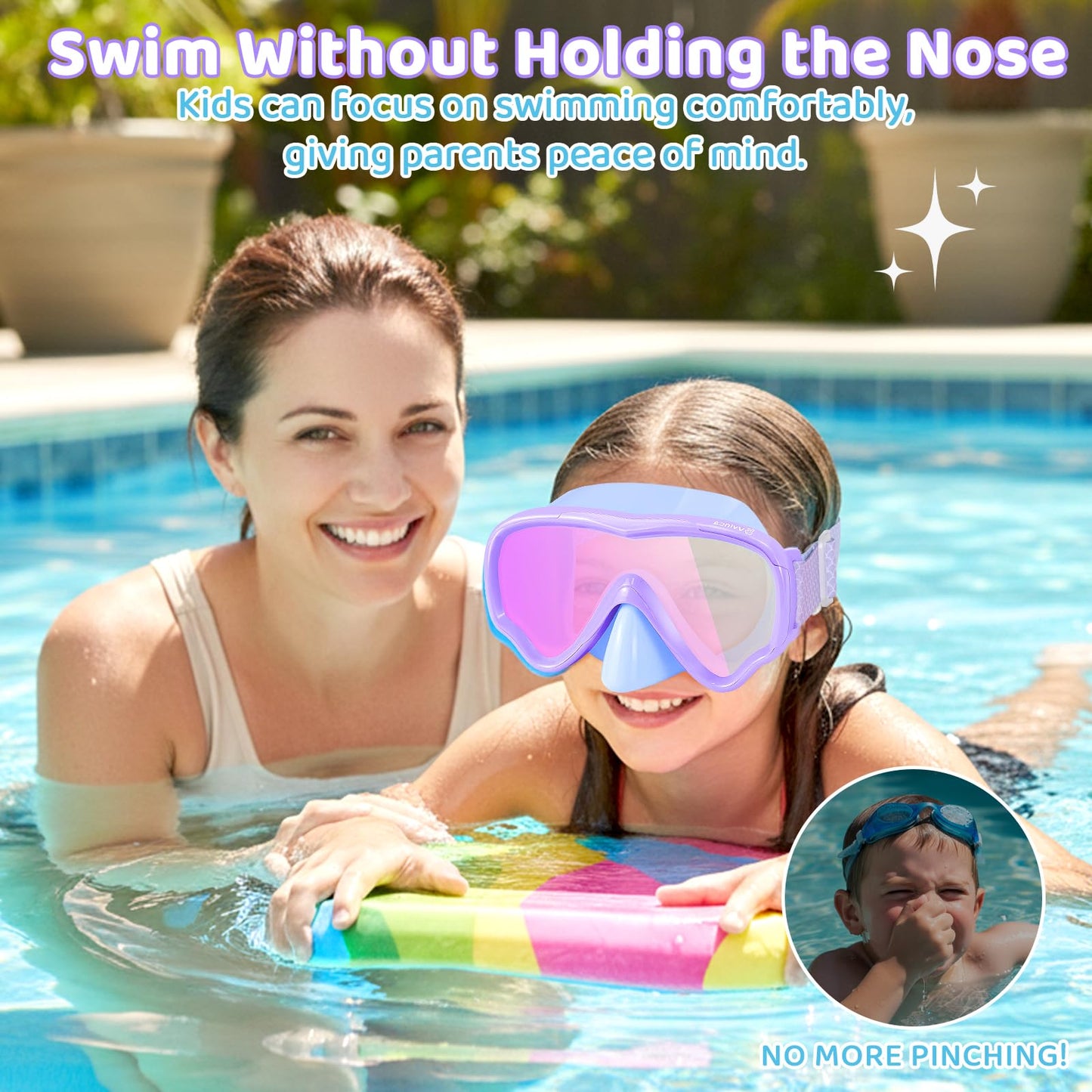 Vvinca Kids Swim Goggles with Nose Cover & Tangle-Free Fabric Strap - Anti-Fog/UV Waterproof Swimming Mask for Boys Girls 3-15, Wide View Snorkel Gear with Soft Silicone Seal, Mermaid Scales