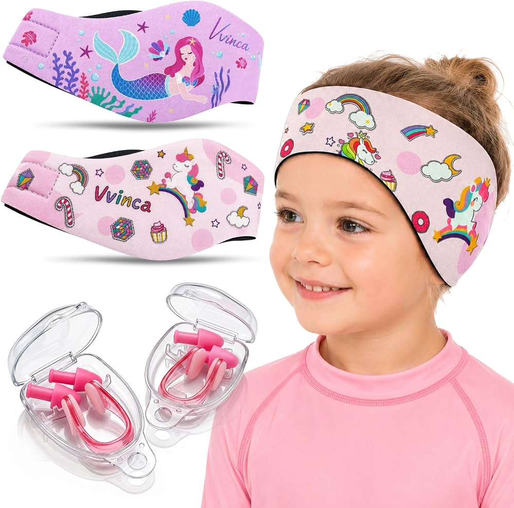 Kids Swimming Headbands — 2 Pack — Pink Unicorn + Purple Mermaid image 01