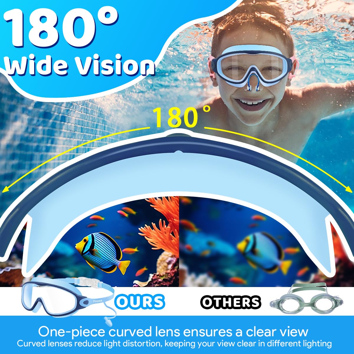 Vvinca Swim Goggles, Kids Goggles with Earplugs& Nose Clip Wide View Anti-Fog/UV Swimming Goggles for Age 3-15 Boys Girls