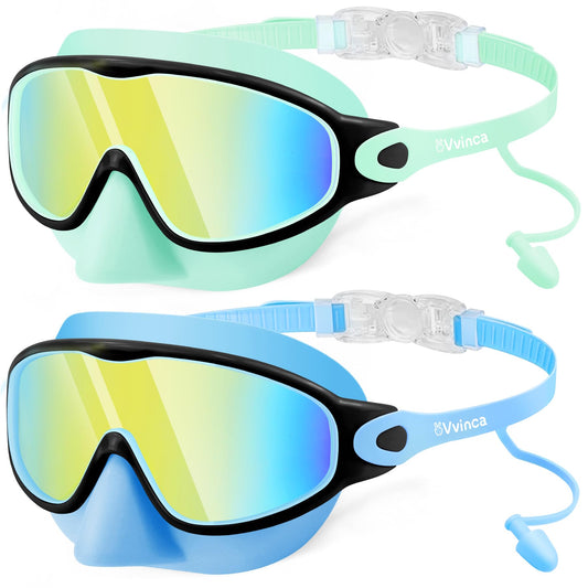 Vvinca Kids Swim Goggles 2 Pack with Nose Cover and Attached Earplugs, Wide View Anti-Fog/UV Swimming Goggles for Age 3-12 Boys Girls, No Leak Pool Water Clear Swimming Goggle for Youth Toddler