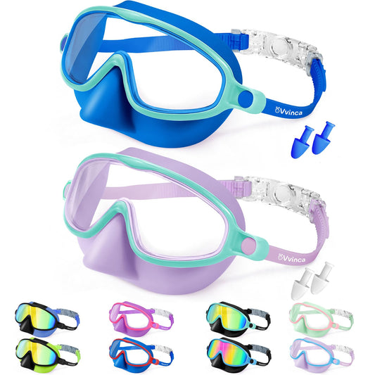 Vvinca Swim Goggles with Nose Cover, 2 Pack Wide View Diving Mask Anti-Fog UV No Leak Toddlers Swimming Goggles for Kids 3-12