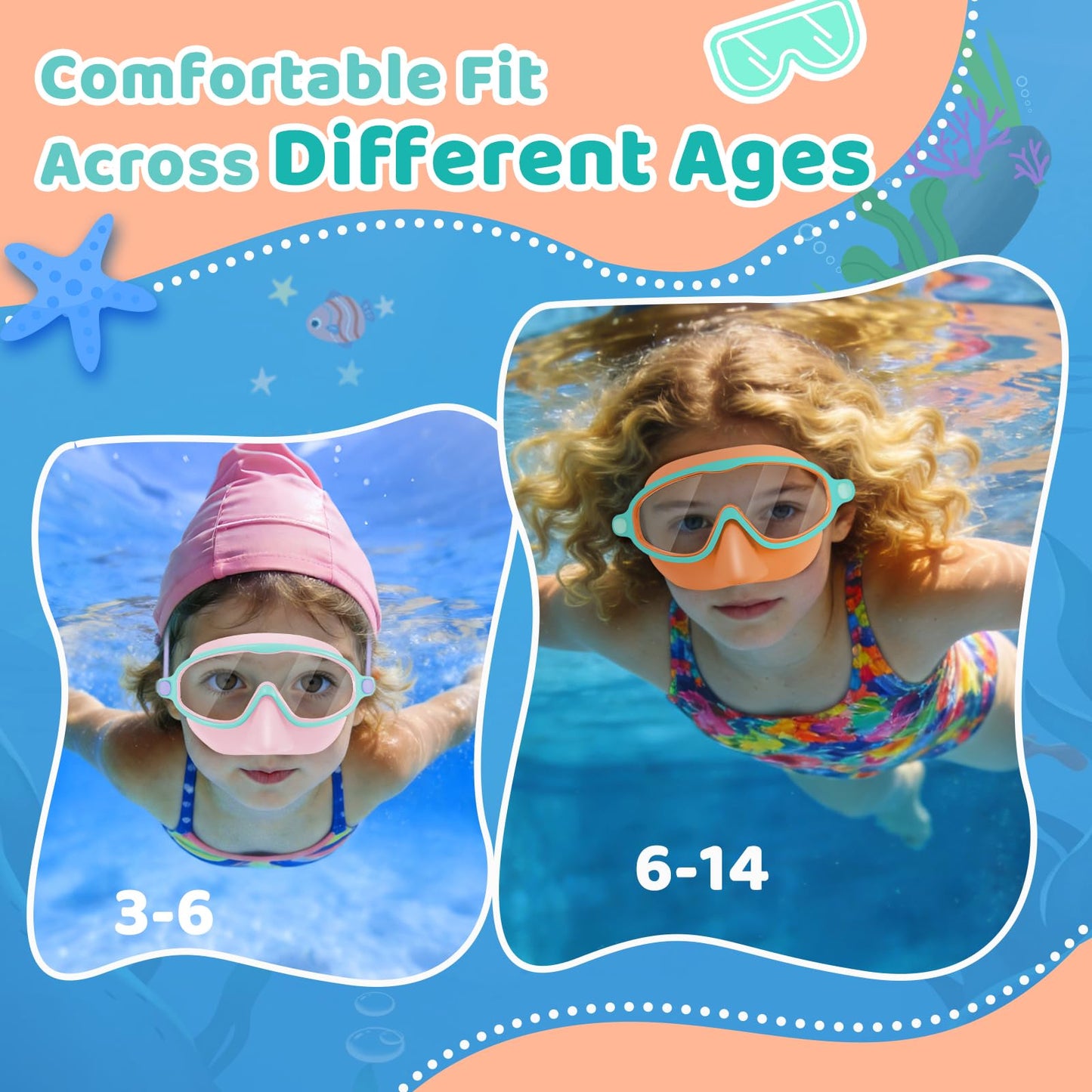 Vvinca 2 Pack Kids Swim Goggles with Nose Cover, Wide View Anti-Fog UV Protection Swimming Mask for Boys Girls Ages 3-14, No Leak Pool Goggles for Toddlers