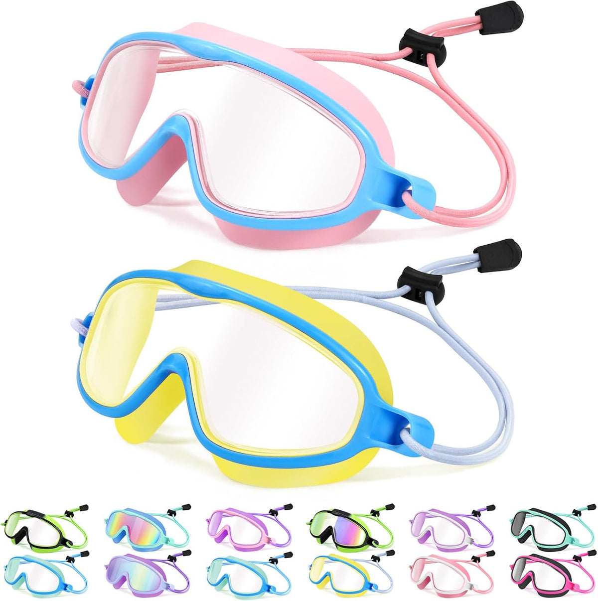 Kids Wide-View Bungee-Strap Goggles - 2 Pack — Yellow Blue + Pink Blue