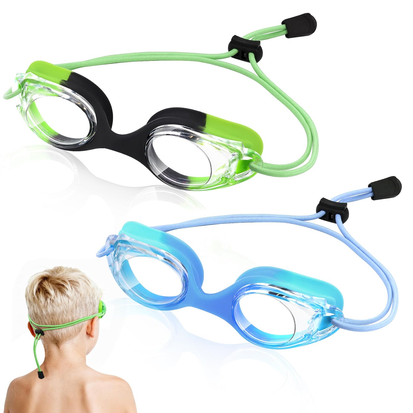 Vvinca Kids Swim Goggles 2 Pack, Bungee Strap No Hair Pulling, Anti Fog Waterproof Goggles for Boys Girls Youth Ages 3-14, Soft Silicone Seal for Pool Beach, Toddler Swim Accessories