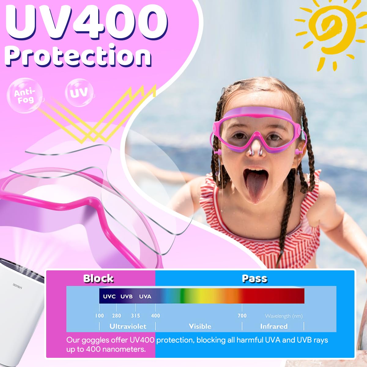 Vvinca Swim Goggles, Kids Goggles with Earplugs& Nose Clip Wide View Anti-Fog/UV Swimming Goggles for Age 3-15 Boys Girls