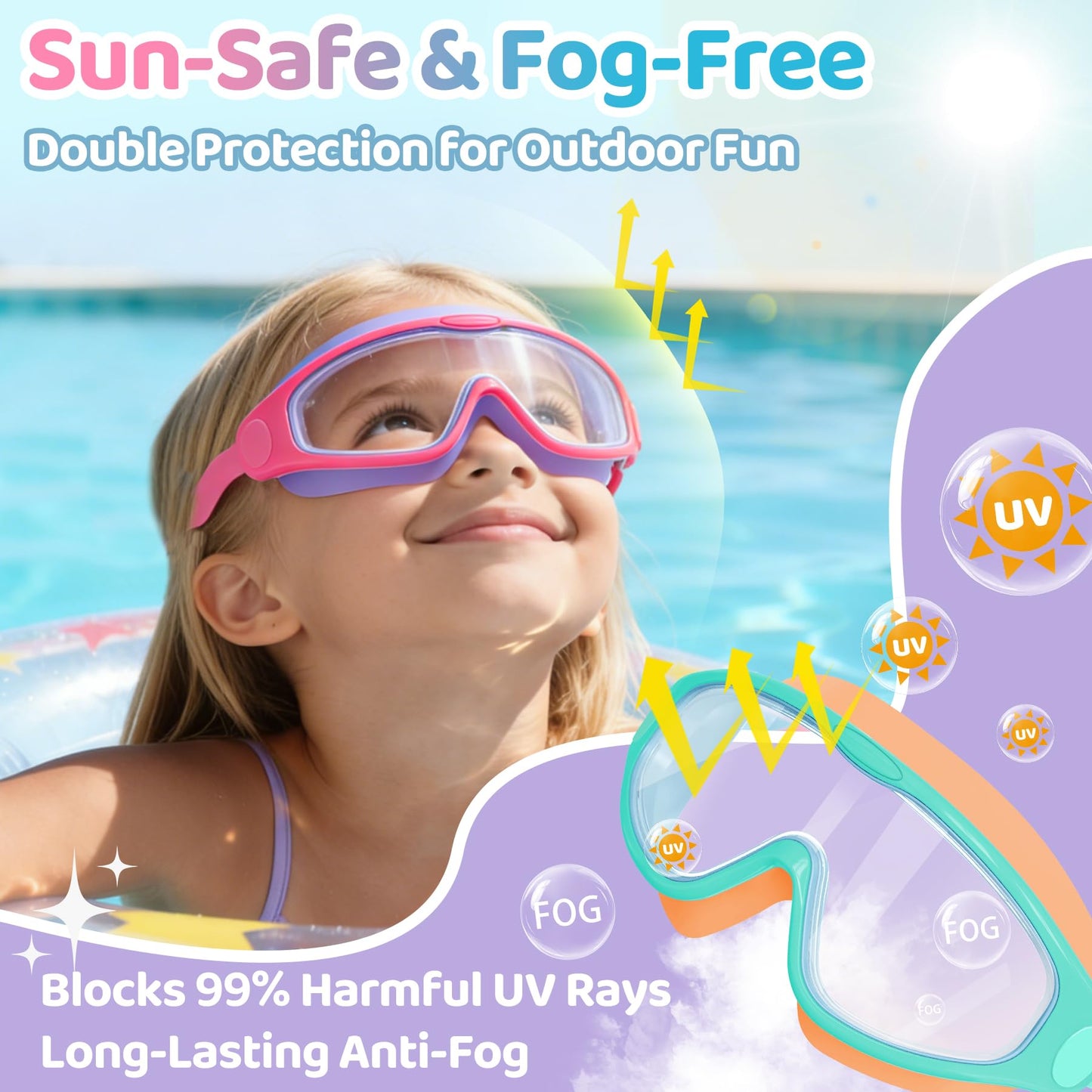 Vvinca Kids Swim Goggles for Boys Girls Age 3-15, Soft Wave-Shape Strap (No Hair Pulling), 180° Wide View Anti Fog/UV Waterproof Swimming Goggles, Leak Free Silicone Pool Goggle for Toddler Youth