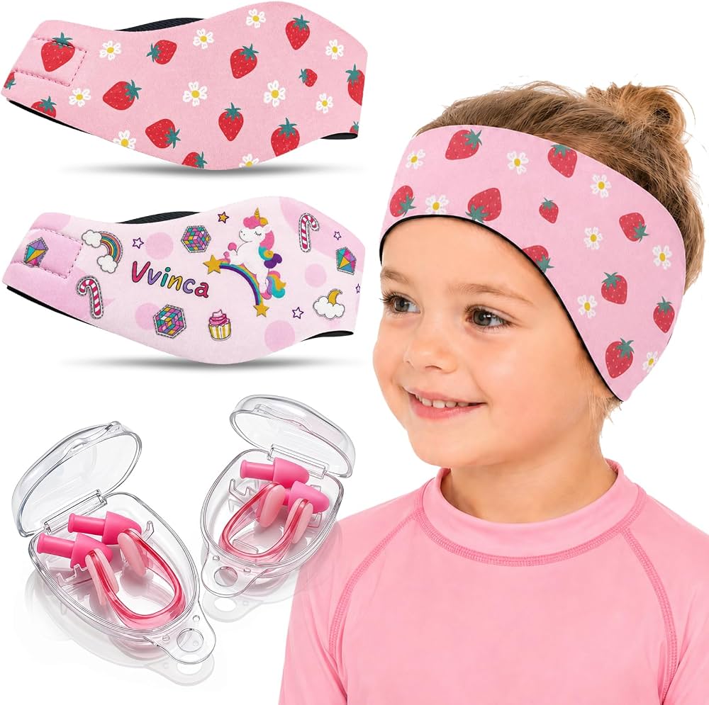 Kids Swimming Headbands — 2 Pack — Pink Unicorn + Pink Strawberry image 01