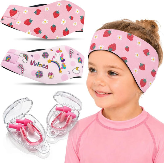 Kids Swimming Headbands — 2 Pack — Pink Unicorn + Pink Strawberry image 01