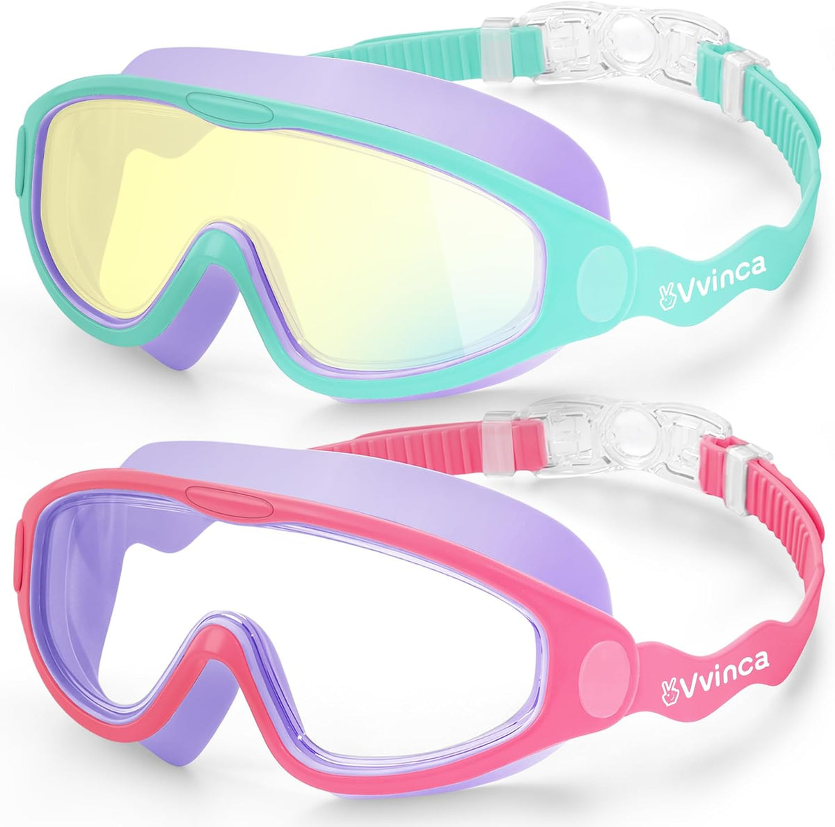 Kids Wide-View Wave-Strap Goggles - 2 Pack — Green Purple Clear Gold Mirror + Magenta Purple Clear
