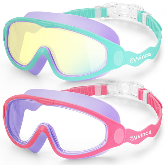 Vvinca Kids Swim Goggles for Boys Girls Age 3-15, Soft Wave-Shape Strap (No Hair Pulling), 180° Wide View Anti Fog/UV Waterproof Swimming Goggles, Leak Free Silicone Pool Goggle for Toddler Youth