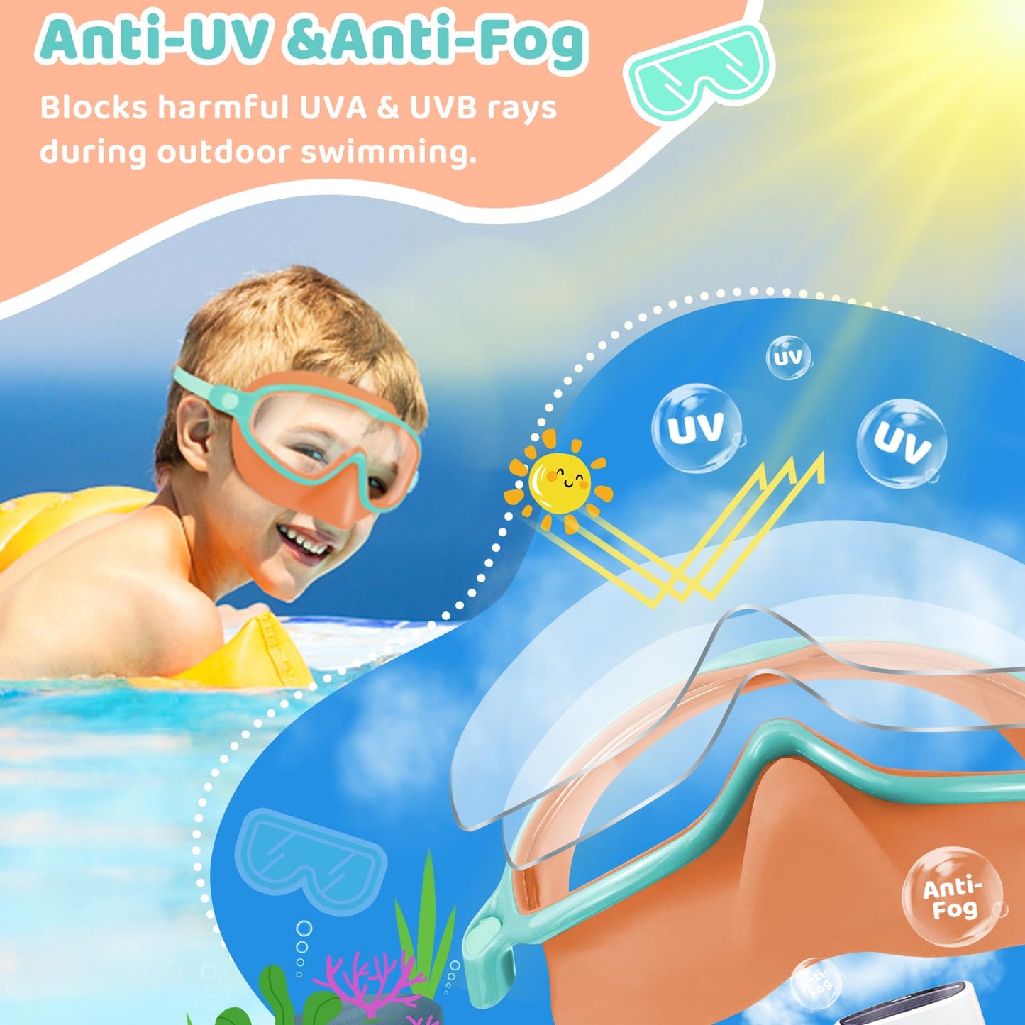 Vvinca 2 Pack Kids Swim Goggles with Nose Cover, Wide View Anti-Fog UV Protection Swimming Mask for Boys Girls Ages 3-14, No Leak Pool Goggles for Toddlers