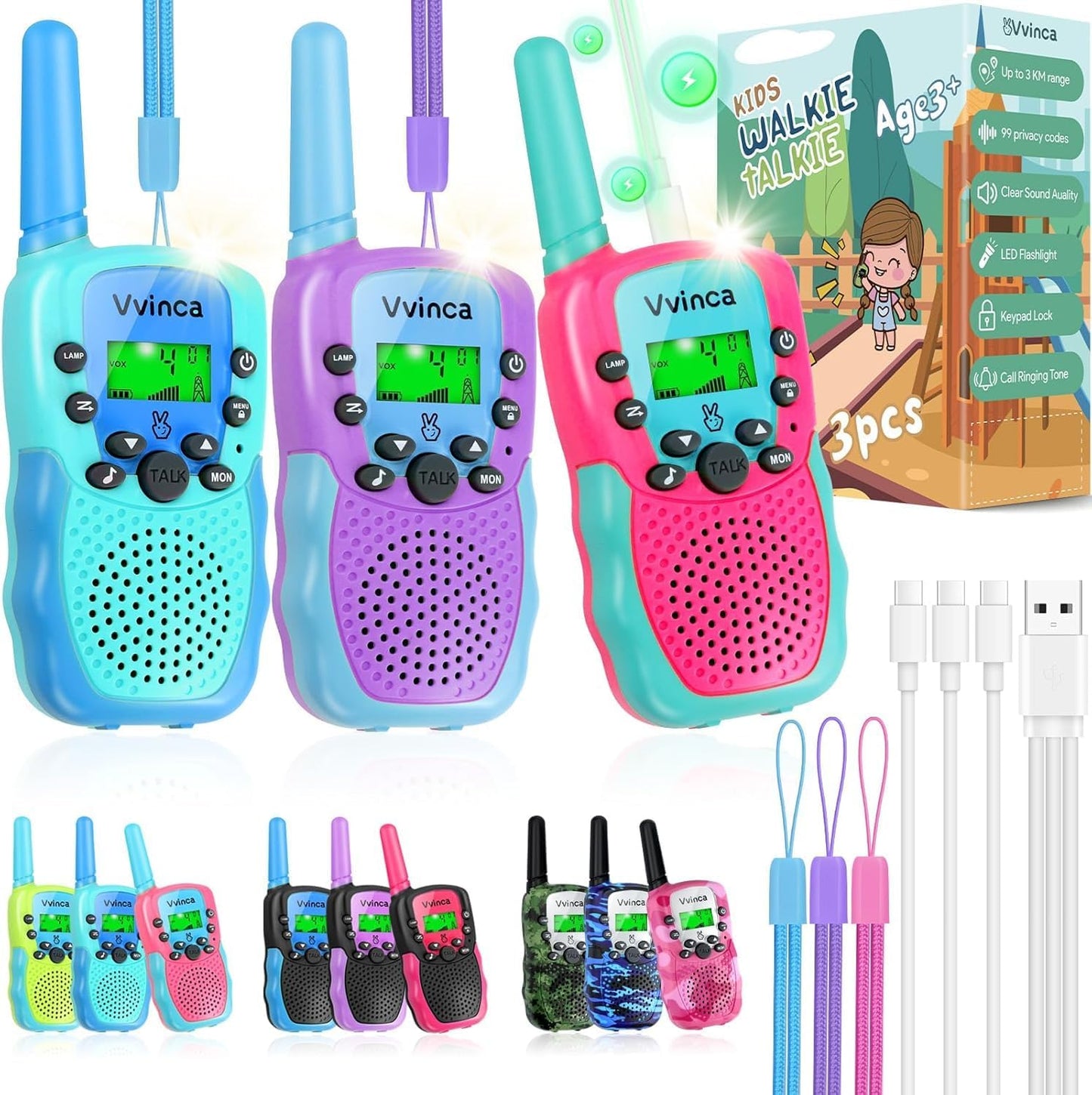 Rechargeable Kids Walkie Talkies - 3 Pack / Color Set 01