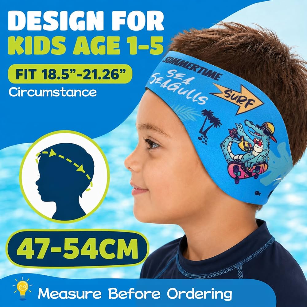 Kids Swimming Headbands — 2 Pack — Blue Dinosaur + Purple Mermaid image 04