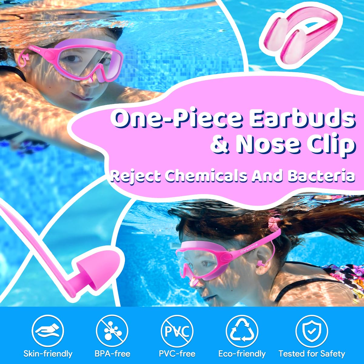 Vvinca Swim Goggles, Kids Goggles with Earplugs& Nose Clip Wide View Anti-Fog/UV Swimming Goggles for Age 3-15 Boys Girls