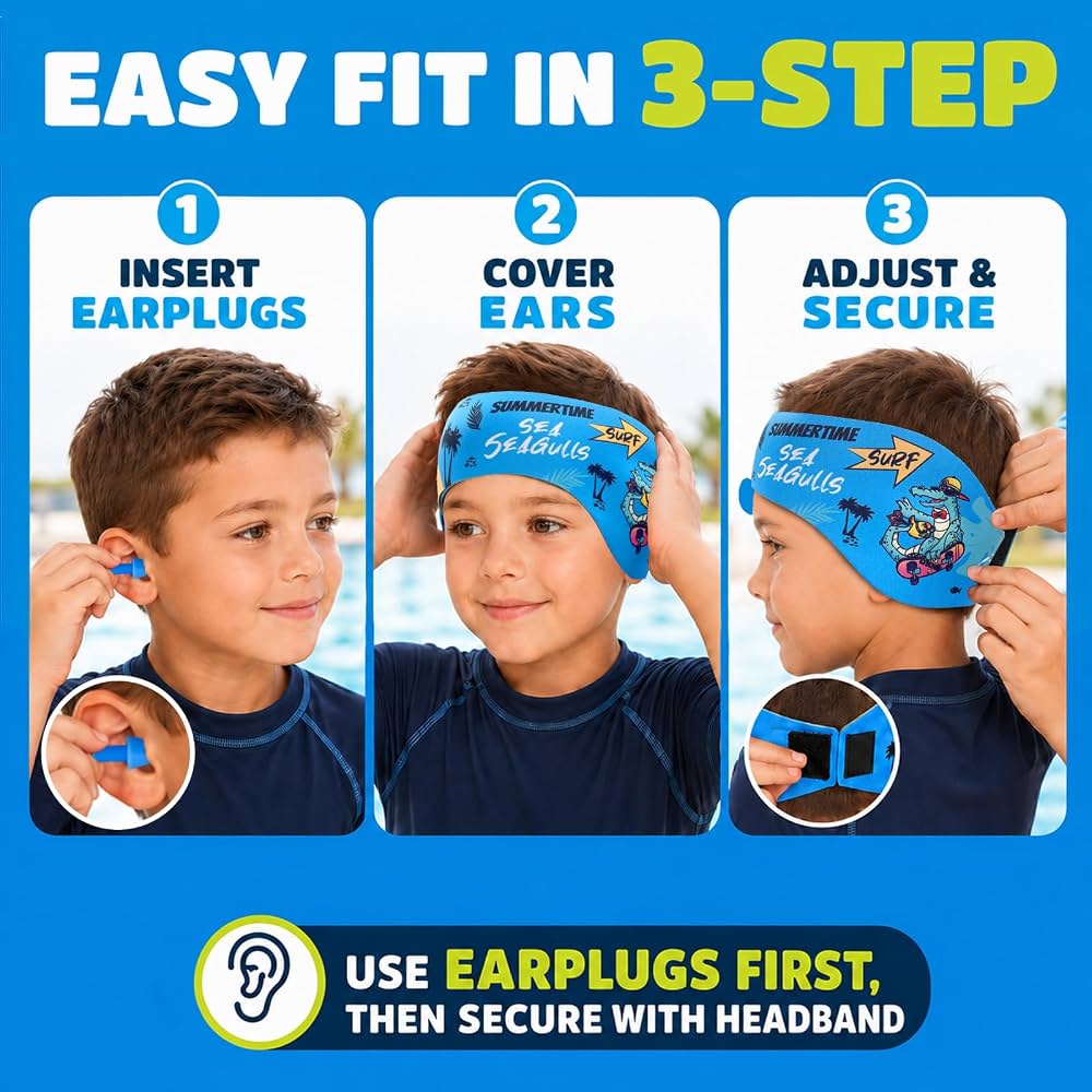 Kids Swimming Headbands — 2 Pack — Yellow Shark + Blue Dinosaur image 05