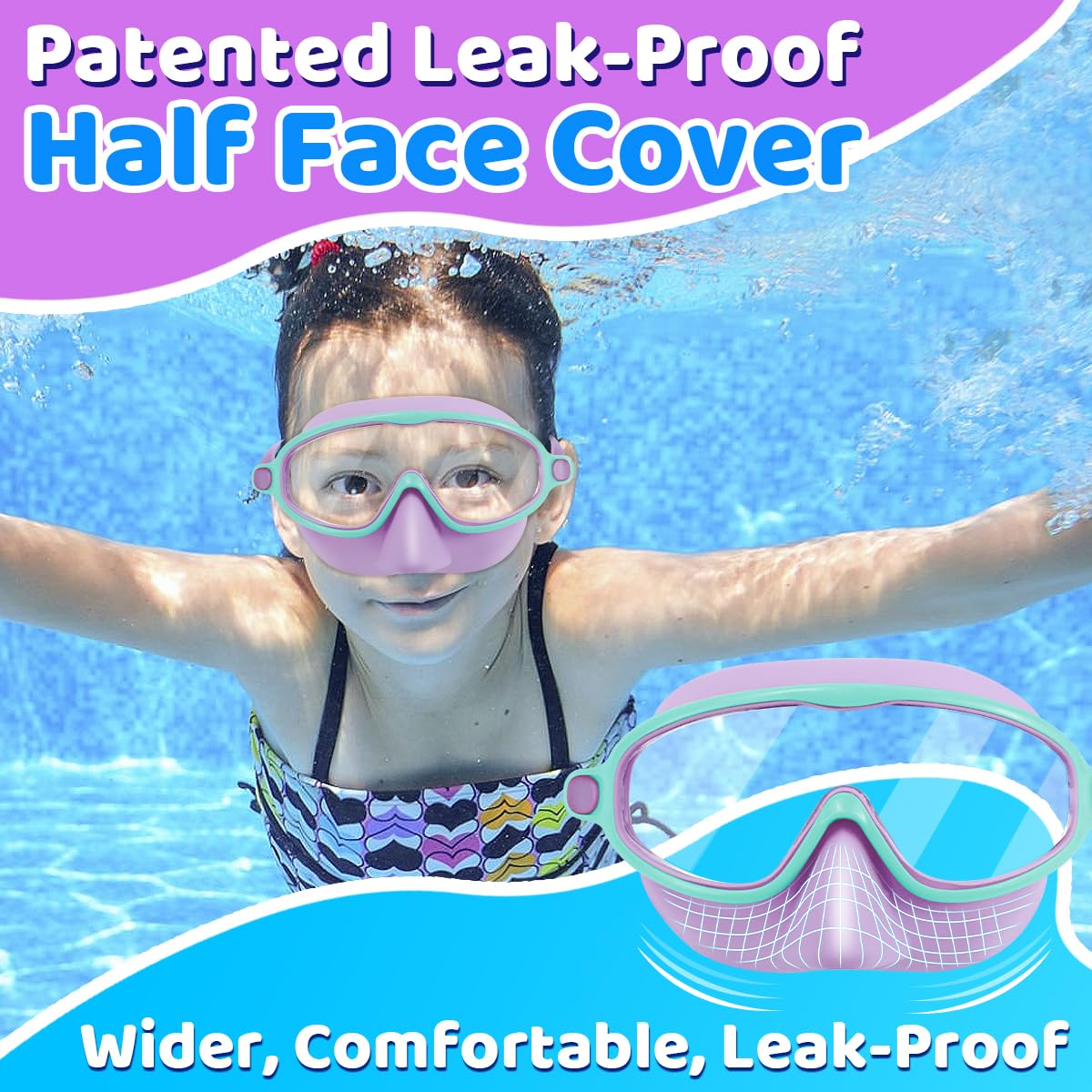 Vvinca Swim Goggles with Nose Cover, 2 Pack Wide View Diving Mask Anti-Fog UV No Leak Toddlers Swimming Goggles for Kids 3-12