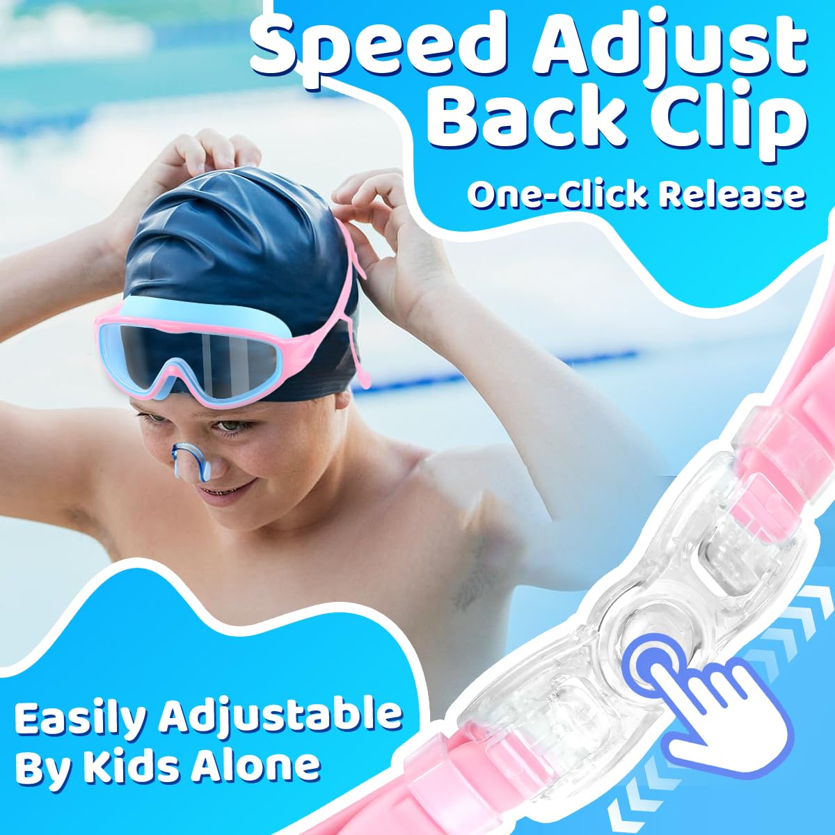Vvinca Swim Goggles, Kids Goggles with Earplugs& Nose Clip Wide View Anti-Fog/UV Swimming Goggles for Age 3-15 Boys Girls