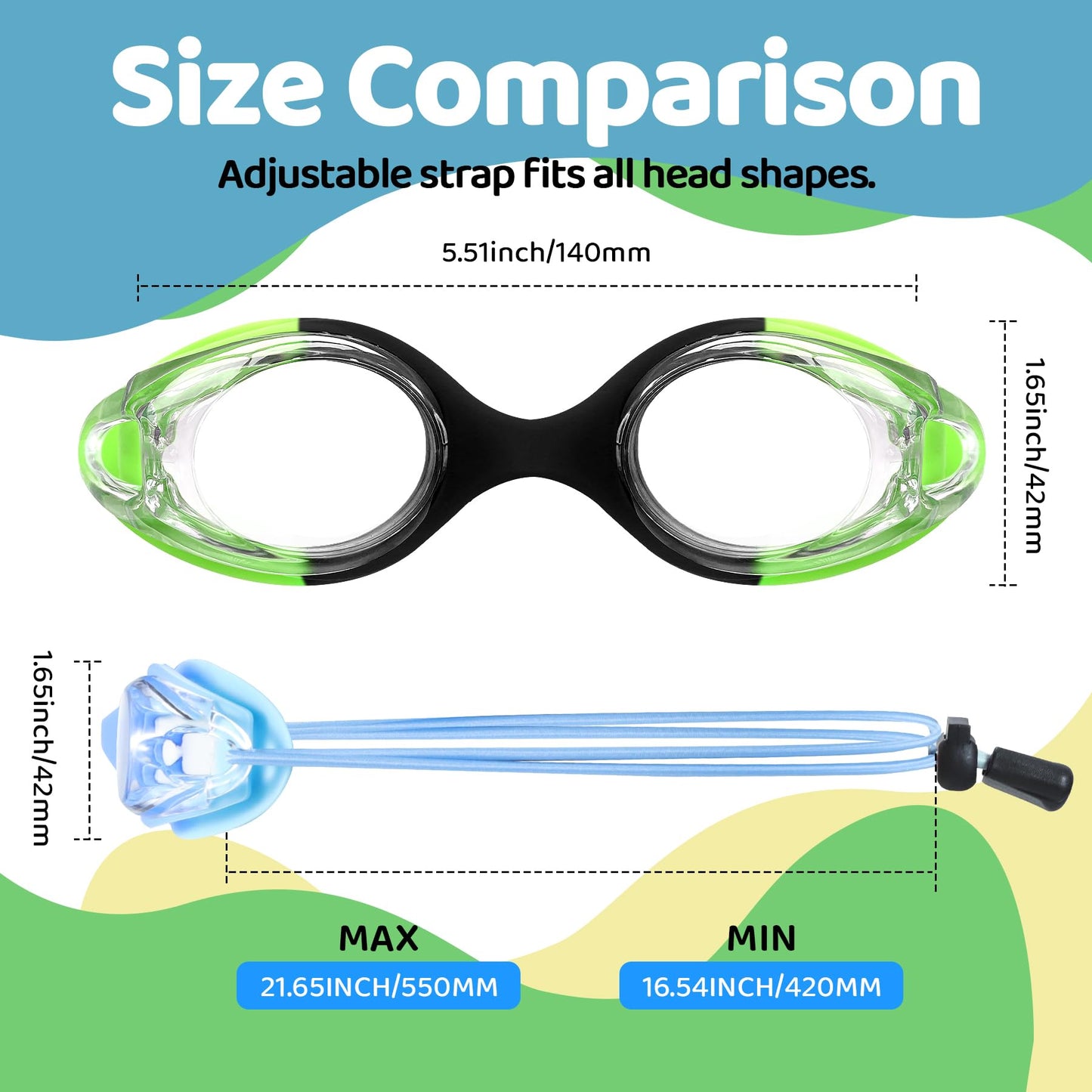Vvinca Kids Swim Goggles 2 Pack, Bungee Strap No Hair Pulling, Anti Fog Waterproof Goggles for Boys Girls Youth Ages 3-14, Soft Silicone Seal for Pool Beach, Toddler Swim Accessories