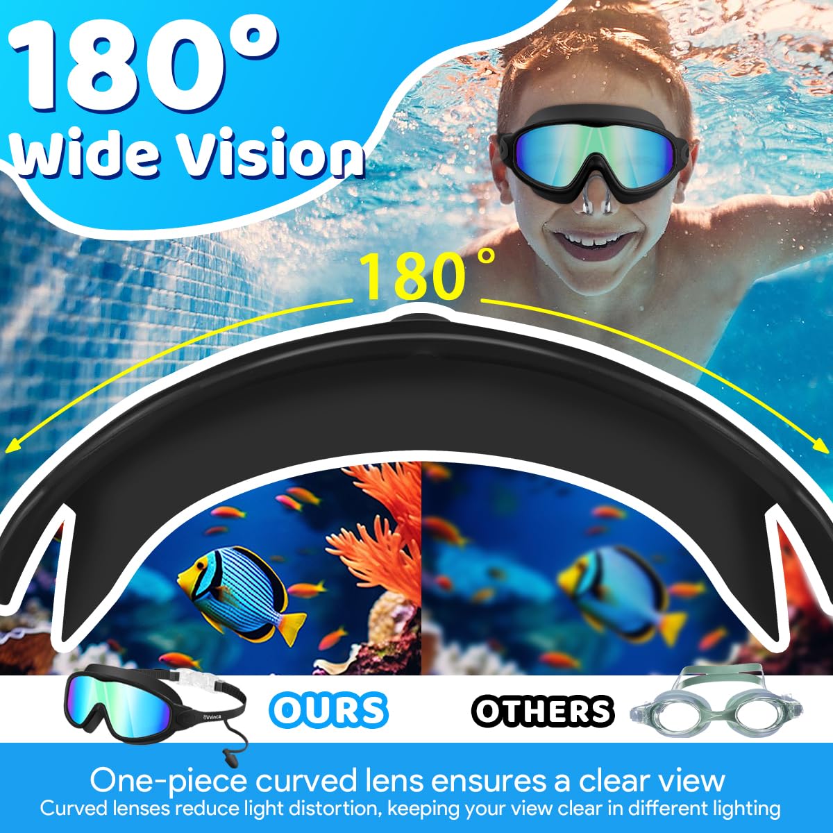 Vvinca Swim Goggles, Kids Goggles with Earplugs& Nose Clip Wide View Anti-Fog/UV Swimming Goggles for Age 3-15 Boys Girls