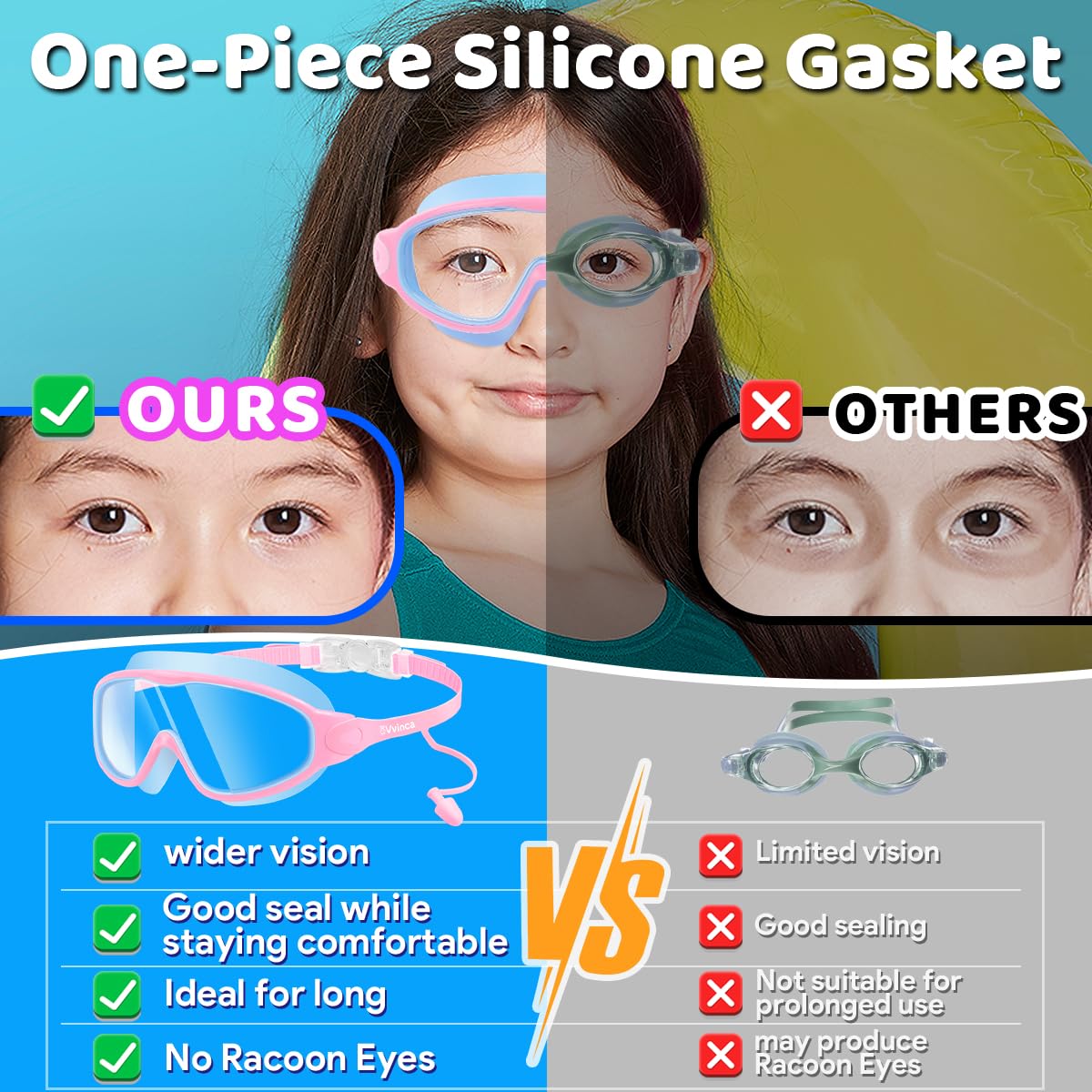 Vvinca Swim Goggles, Kids Goggles with Earplugs& Nose Clip Wide View Anti-Fog/UV Swimming Goggles for Age 3-15 Boys Girls