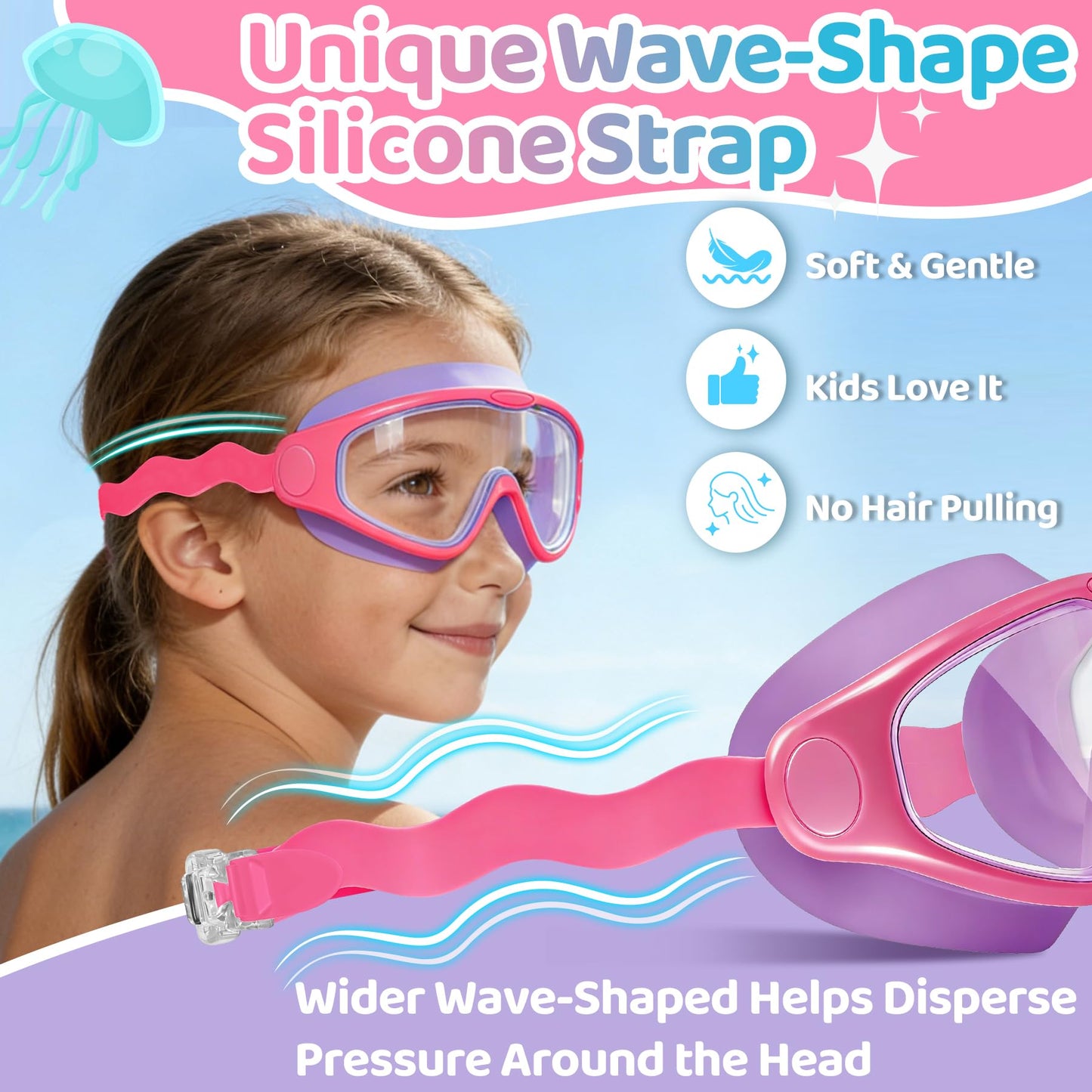 Vvinca Kids Swim Goggles for Boys Girls Age 3-15, Soft Wave-Shape Strap (No Hair Pulling), 180° Wide View Anti Fog/UV Waterproof Swimming Goggles, Leak Free Silicone Pool Goggle for Toddler Youth