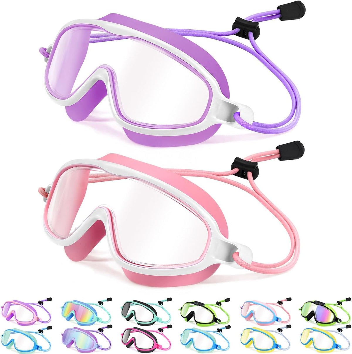 Kids Wide-View Bungee-Strap Goggles - 2 Pack — Purple White + Pink White