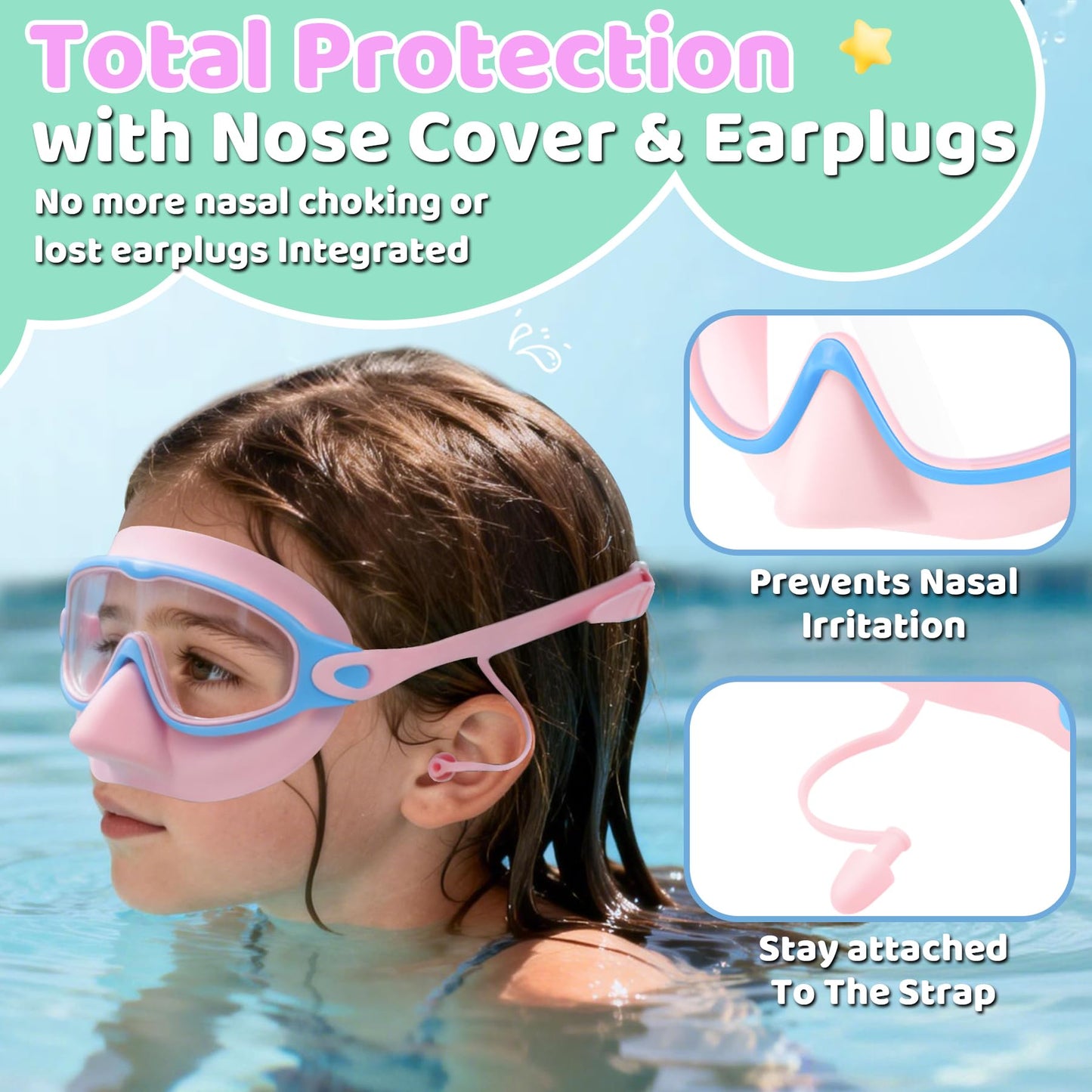 Vvinca Kids Swim Goggles 2 Pack with Nose Cover and Attached Earplugs, Wide View Anti-Fog/UV Swimming Goggles for Age 3-12 Boys Girls, No Leak Pool Water Clear Swimming Goggle for Youth Toddler