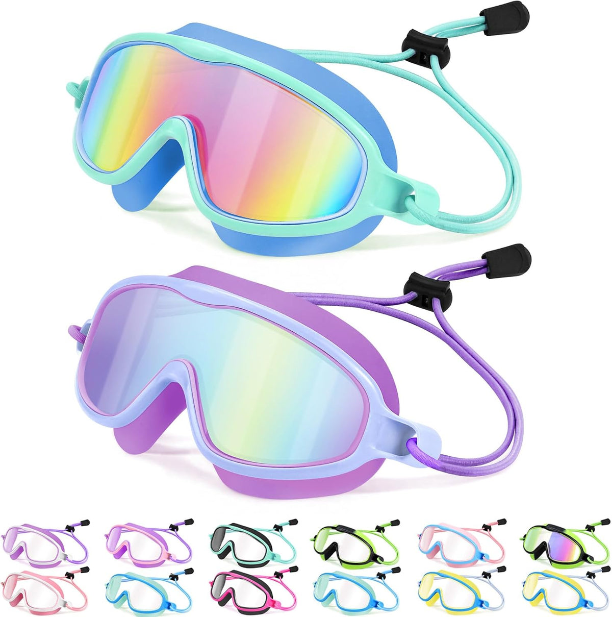 Kids Wide-View Bungee-Strap Goggles - 2 Pack — Blue Purple Clear Gold Mirror + Blue Green Smoke Pink Mirror
