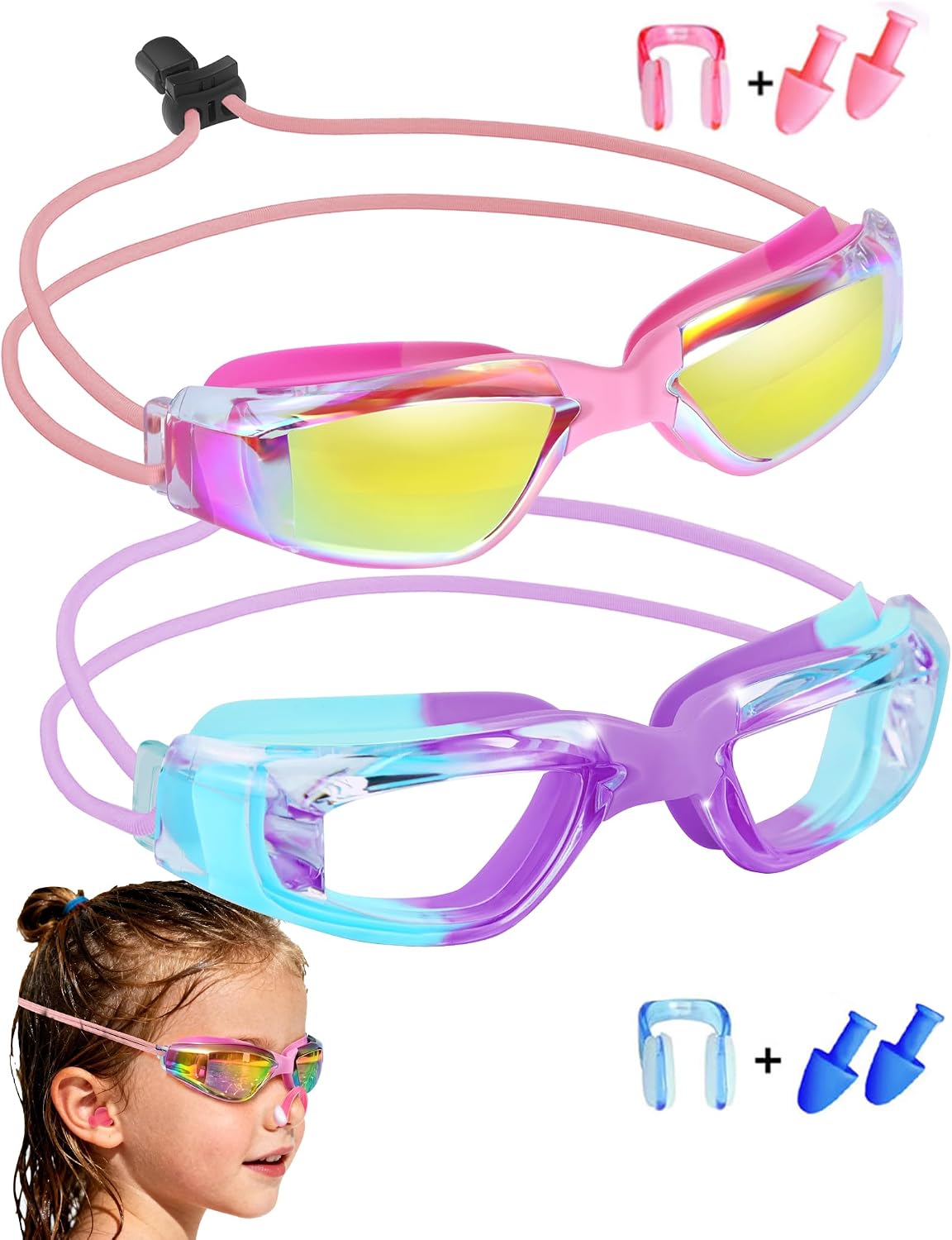 Kids Square Goggles — Choose Your Strap - Bungee / 2 Pack — Magenta Pink Clear Gold Mirror + Blue Purple Clear
