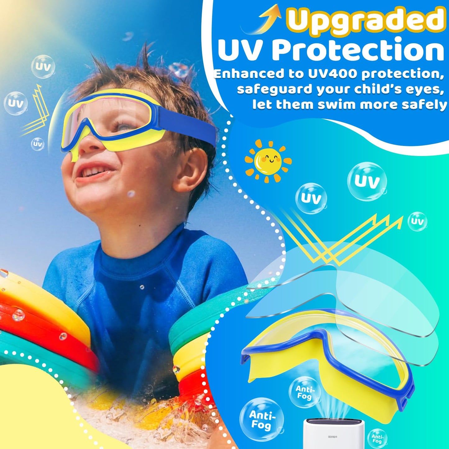 Vvinca Kids Swim Goggles 2 Pack, No Hair Pulling Comfort Fabric Strap Swimming Goggles for Kids Age 3-14, Anti-Fog/UV No Leaking Wide View Swim Mask for Toddler Boys Girls, Summer Pool Essentials