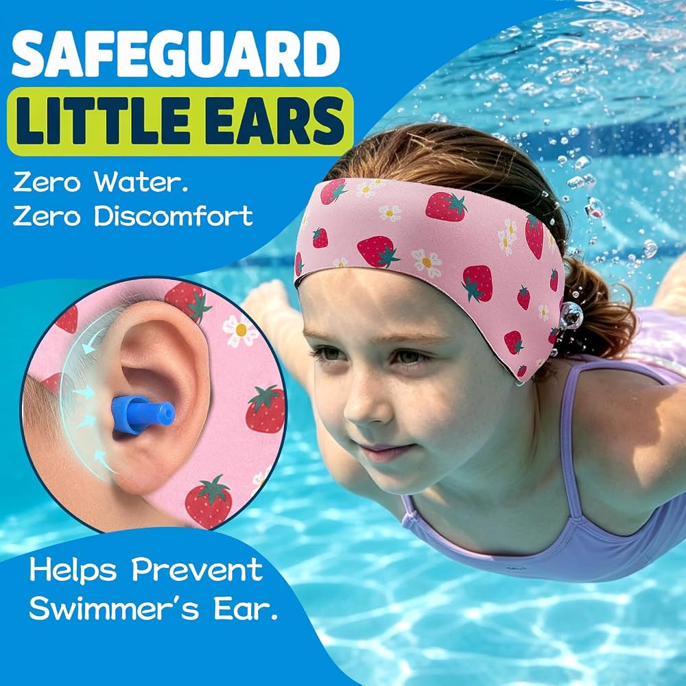Kids Swimming Headbands — 2 Pack — Yellow Shark + Pink Strawberry image 03
