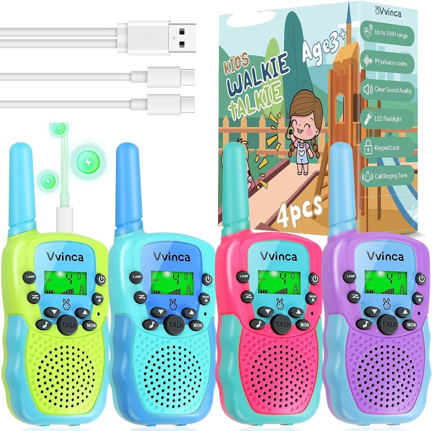 Rechargeable Kids Walkie Talkies - 4 Pack / Color Set 01