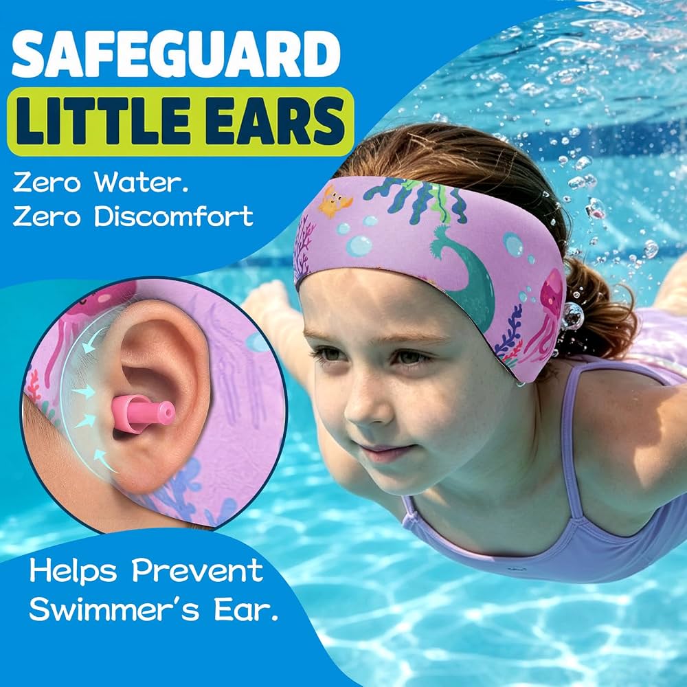 Kids Swimming Headbands — 2 Pack — Pink Unicorn + Purple Mermaid image 03