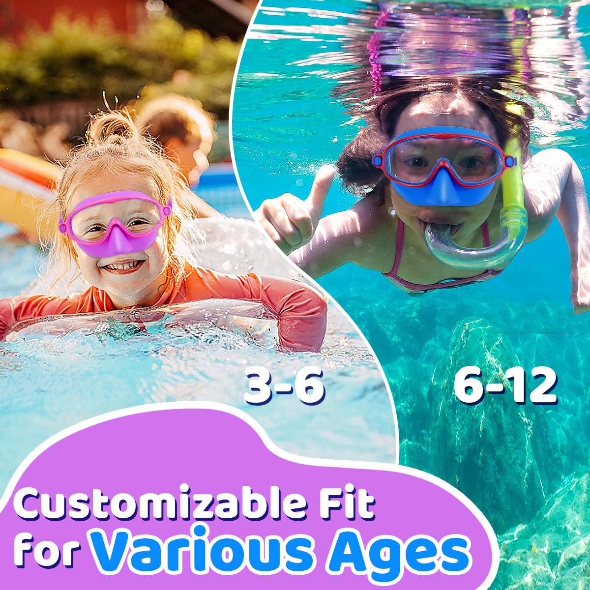 Vvinca Swim Goggles with Nose Cover, 2 Pack Wide View Diving Mask Anti-Fog UV No Leak Toddlers Swimming Goggles for Kids 3-12
