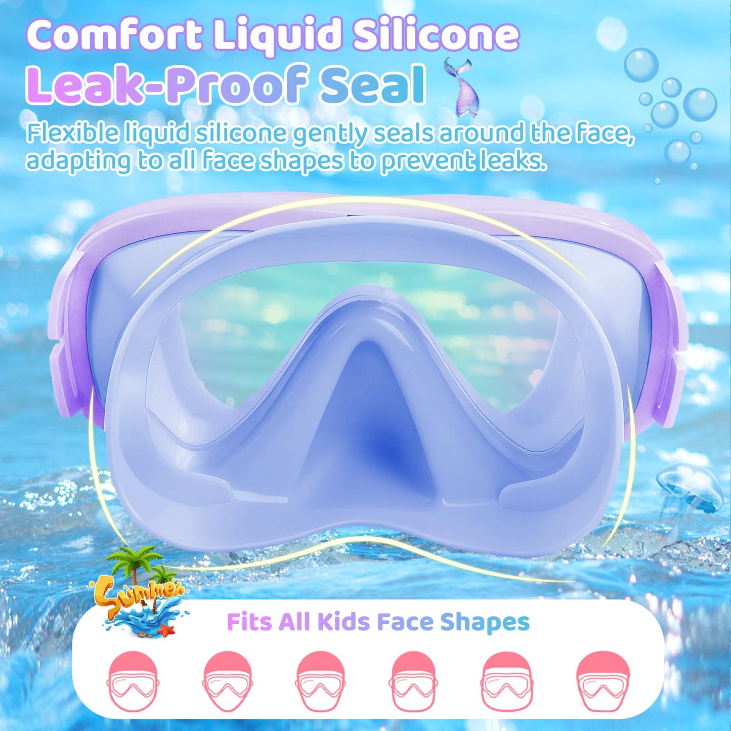 Vvinca Kids Swim Goggles with Nose Cover & Tangle-Free Fabric Strap - Anti-Fog/UV Waterproof Swimming Mask for Boys Girls 3-15, Wide View Snorkel Gear with Soft Silicone Seal, Mermaid Scales