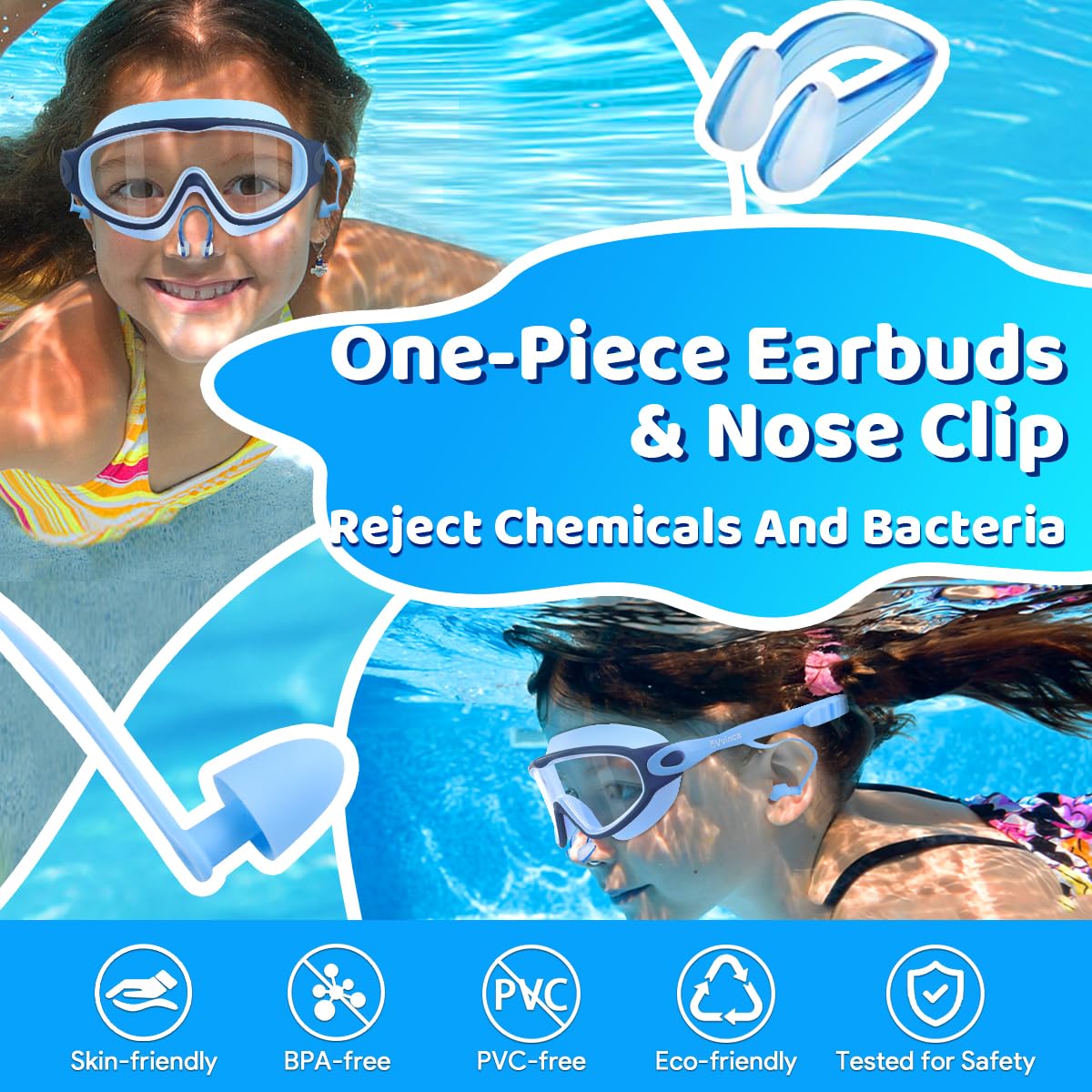 Vvinca Swim Goggles, Kids Goggles with Earplugs& Nose Clip Wide View Anti-Fog/UV Swimming Goggles for Age 3-15 Boys Girls