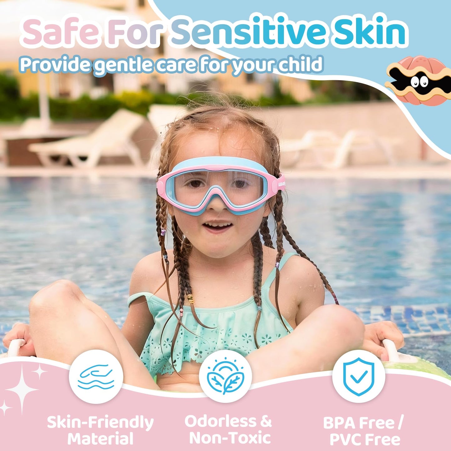 Vvinca Kids Swim Goggles for Boys Girls Age 3-15, Soft Wave-Shape Strap (No Hair Pulling), 180° Wide View Anti Fog/UV Waterproof Swimming Goggles, Leak Free Silicone Pool Goggle for Toddler Youth