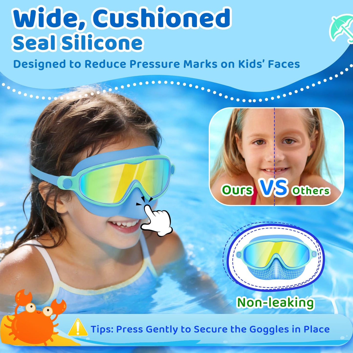 Vvinca 2 Pack Kids Swim Goggles with Nose Cover, Wide View Anti-Fog UV Protection Swimming Mask for Boys Girls Ages 3-14, No Leak Pool Goggles for Toddlers