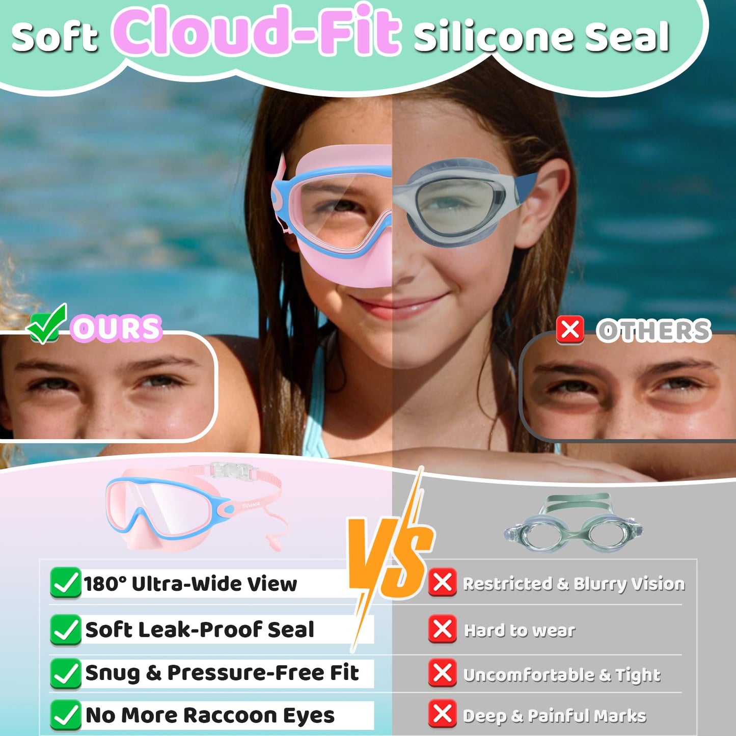 Vvinca Kids Swim Goggles 2 Pack with Nose Cover and Attached Earplugs, Wide View Anti-Fog/UV Swimming Goggles for Age 3-12 Boys Girls, No Leak Pool Water Clear Swimming Goggle for Youth Toddler