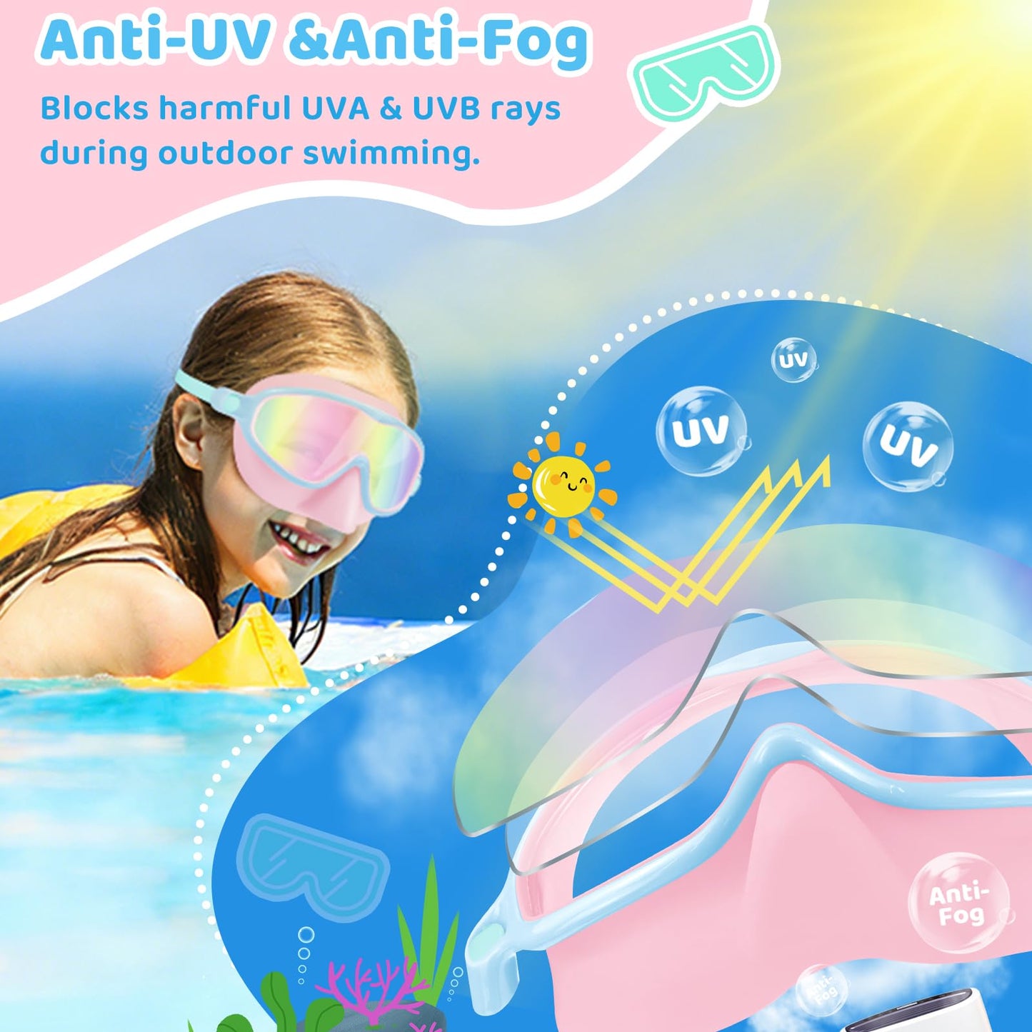 Vvinca 2 Pack Kids Swim Goggles with Nose Cover, Wide View Anti-Fog UV Protection Swimming Mask for Boys Girls Ages 3-14, No Leak Pool Goggles for Toddlers