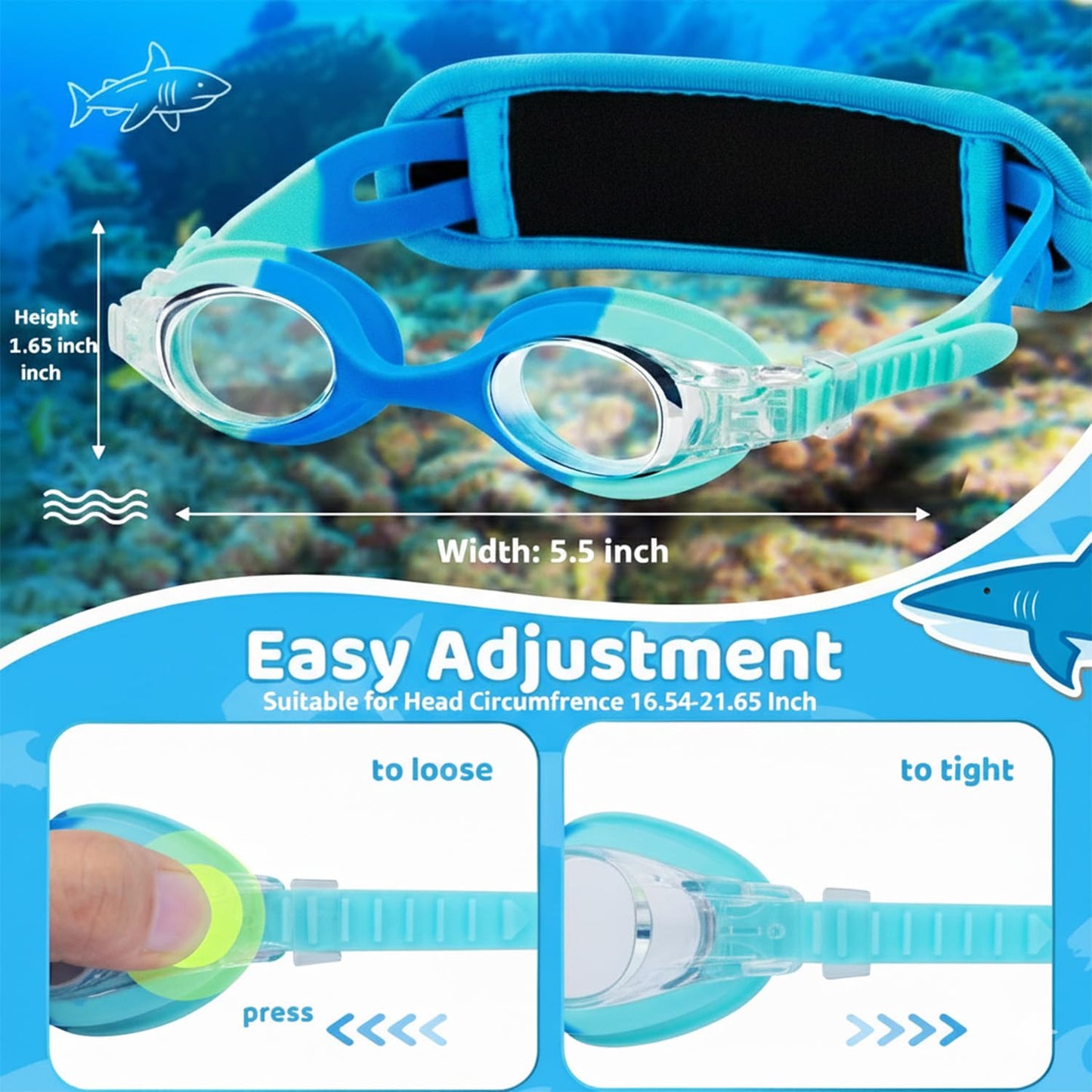 Vvinca Kids Swim Goggles for Ages 2–8, Fabric Strap No Hair Pulling, Anti-Fog & Leak-Resistant for Pool & Swim Lessons