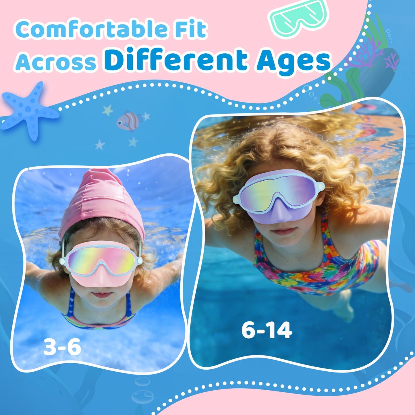 Vvinca 2 Pack Kids Swim Goggles with Nose Cover, Wide View Anti-Fog UV Protection Swimming Mask for Boys Girls Ages 3-14, No Leak Pool Goggles for Toddlers