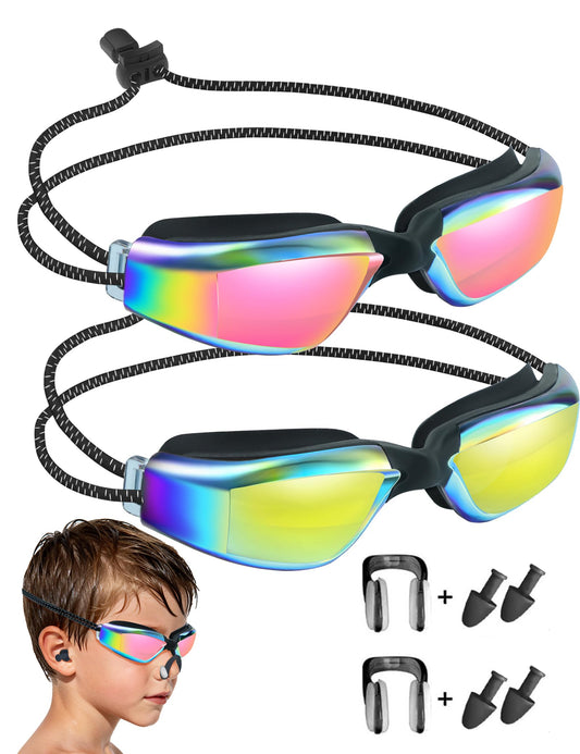 Vvinca Goggles for Kids 6-14 with Bungee Strap 2pc, Toddler Kids Swim Goggles for Swimming 8-12 No Hair Pulling for Boys Girl
