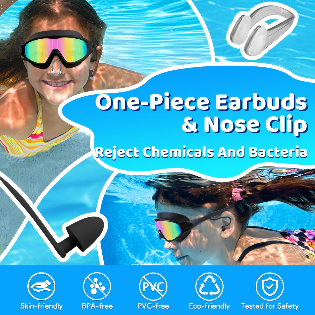 Vvinca Swim Goggles, Kids Goggles with Earplugs& Nose Clip Wide View Anti-Fog/UV Swimming Goggles for Age 3-15 Boys Girls