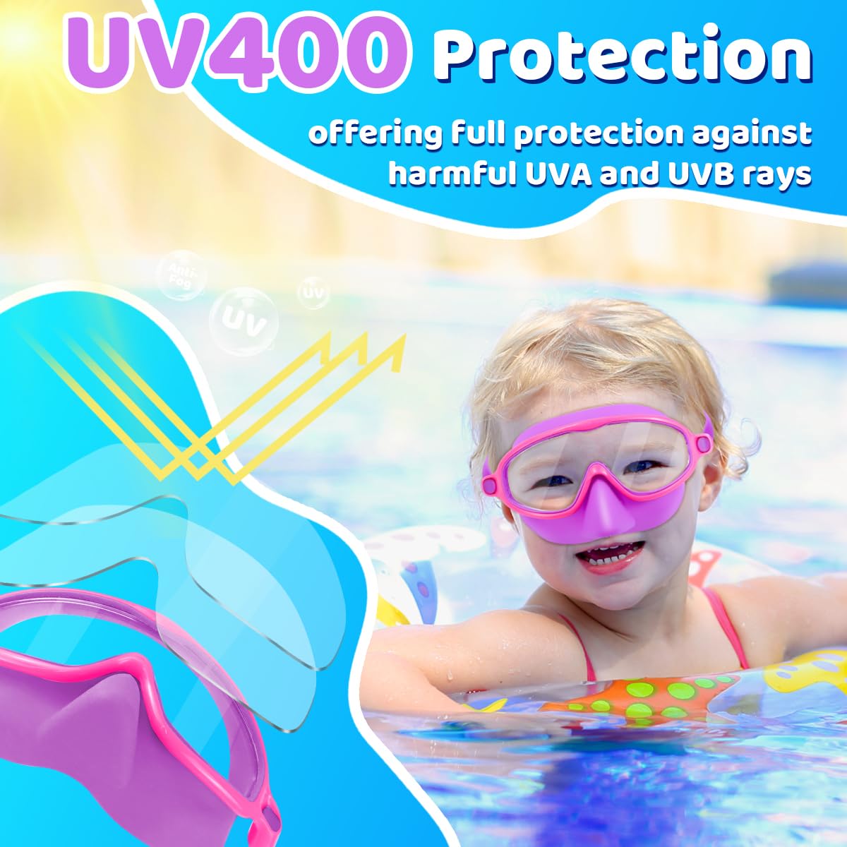 Vvinca Swim Goggles with Nose Cover, 2 Pack Wide View Diving Mask Anti-Fog UV No Leak Toddlers Swimming Goggles for Kids 3-12